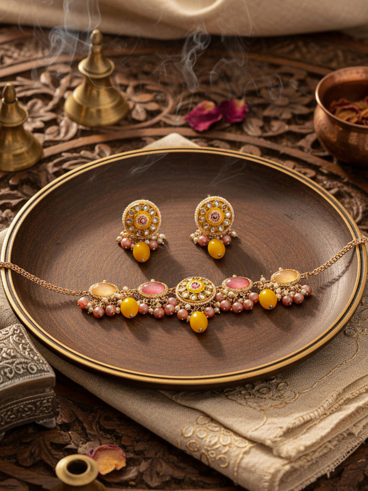 Madhuvarnika - Honey Hue - Soft Feminine Hancrafted Kundan Set With Choker Neckpiece And Earrings