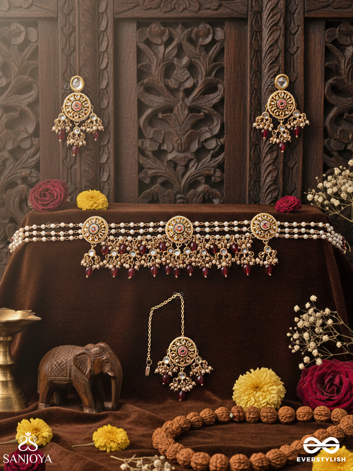 Tribandhura - Three-Stranded Beauty - Intricate Kundan Set With Choker Neckpiece, Earrings And Maangtika