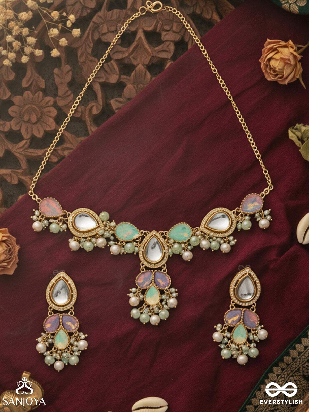 Prithulaa - Delicate Drop- Pastel Drops Kundan Set With Neckpiece And Earrings