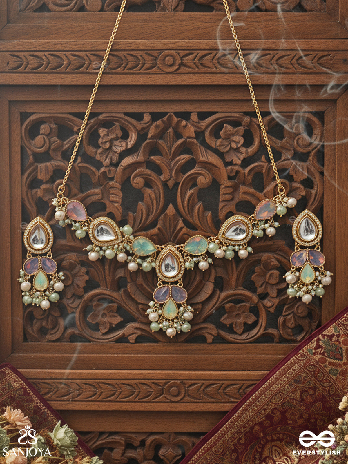 Prithulaa - Delicate Drop- Pastel Drops Kundan Set With Neckpiece And Earrings
