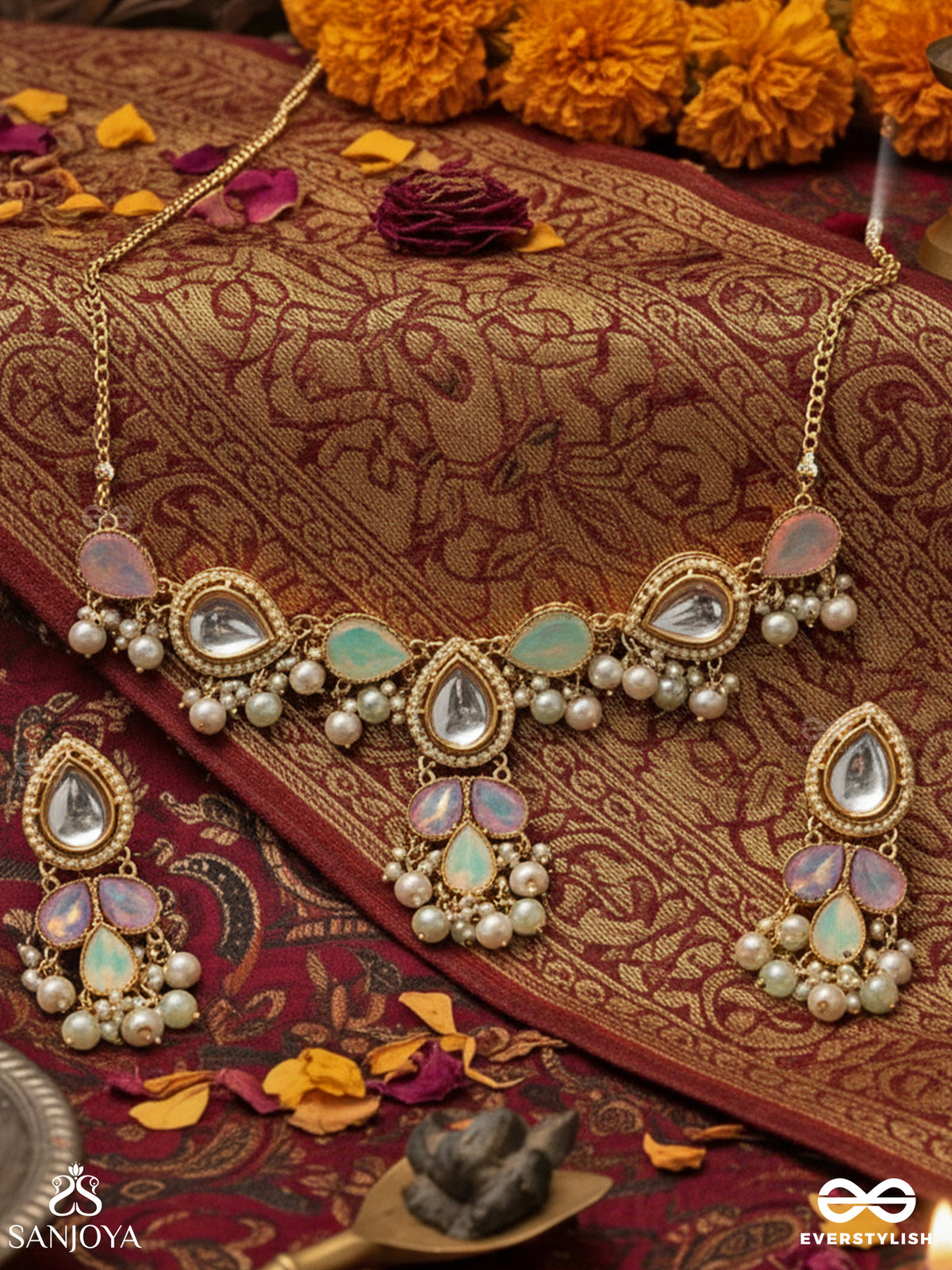 Prithulaa - Delicate Drop- Pastel Drops Kundan Set With Neckpiece And Earrings
