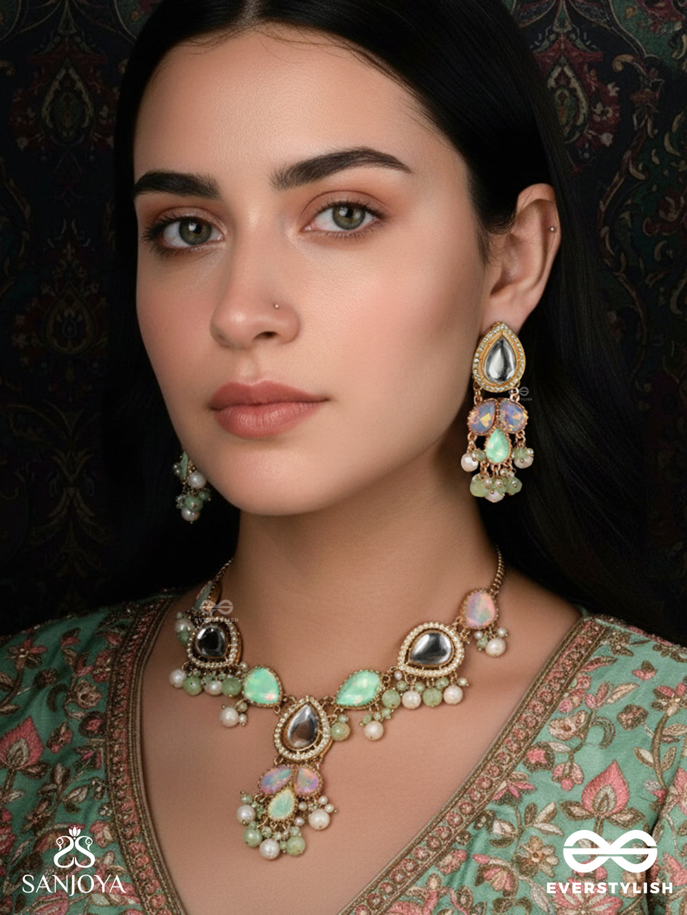 Prithulaa - Delicate Drop- Pastel Drops Kundan Set With Neckpiece And Earrings