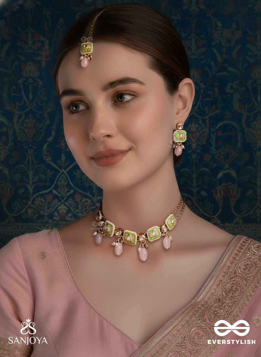 Mridulpadma - Gentle Lotus - Delicate Kundan Set With Choker Neckpiece, Earrings And Maangtika