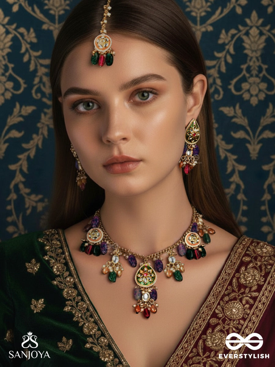 Rangkusuma - Bloom Of Colors - Vibrant Kundan Set With Neckpiece, Earrings And Maangtika