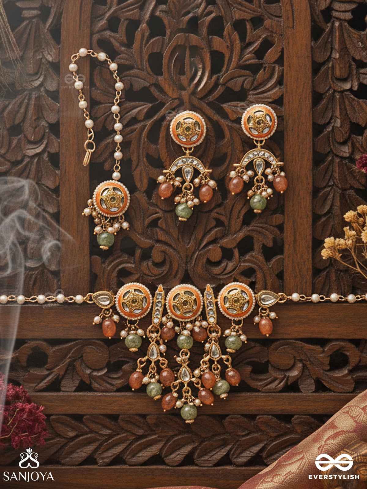 Ragtanika - Colored Composition- Heritage Style Kundan Set With Neckpiece, Earrings And Maangtika