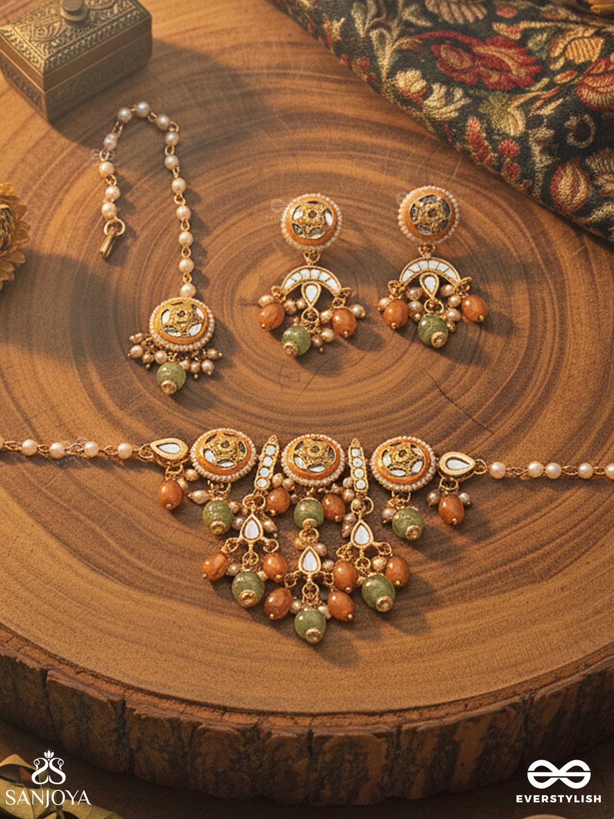 Ragtanika - Colored Composition- Heritage Style Kundan Set With Neckpiece, Earrings And Maangtika