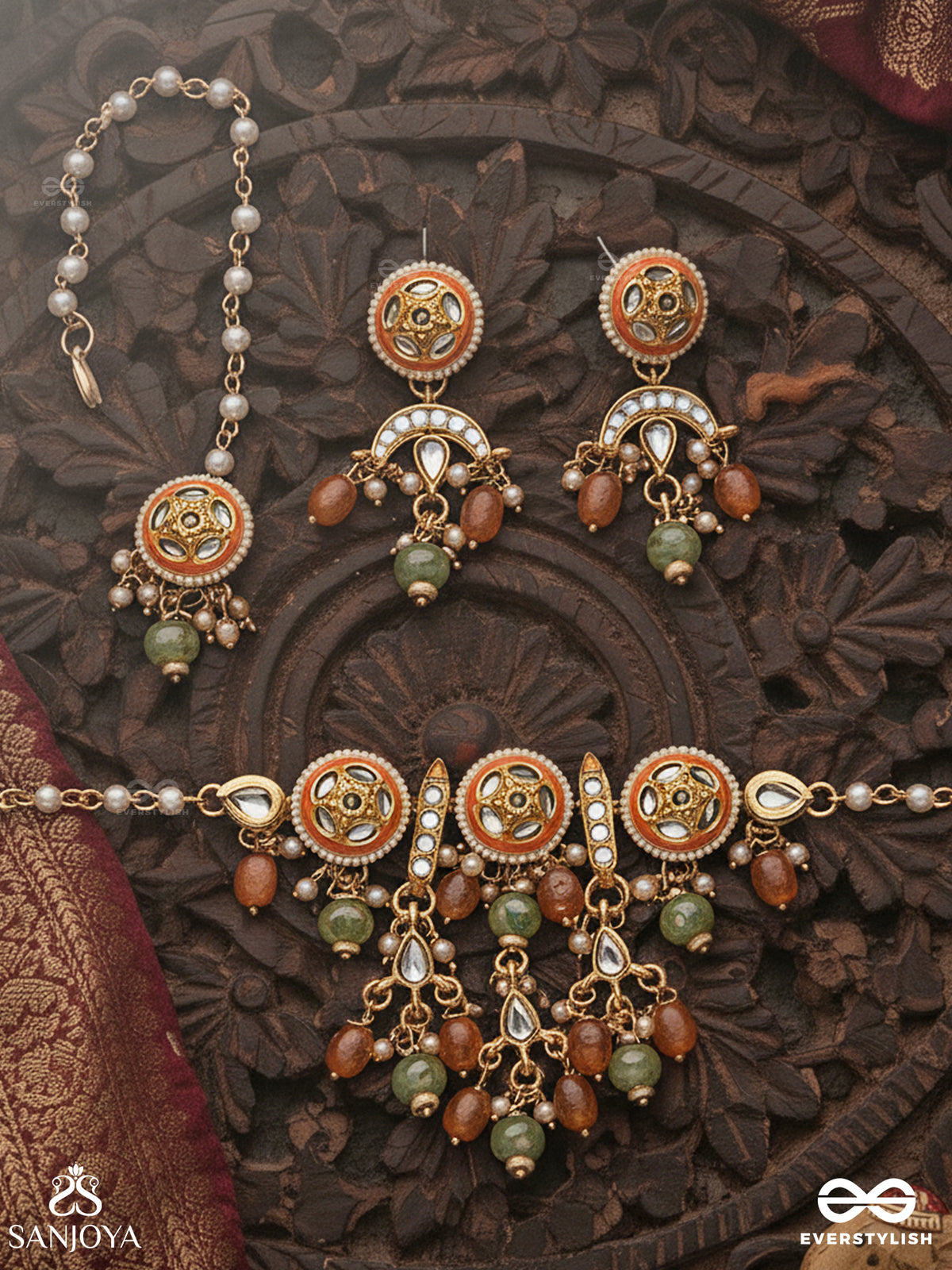 Ragtanika - Colored Composition- Heritage Style Kundan Set With Neckpiece, Earrings And Maangtika