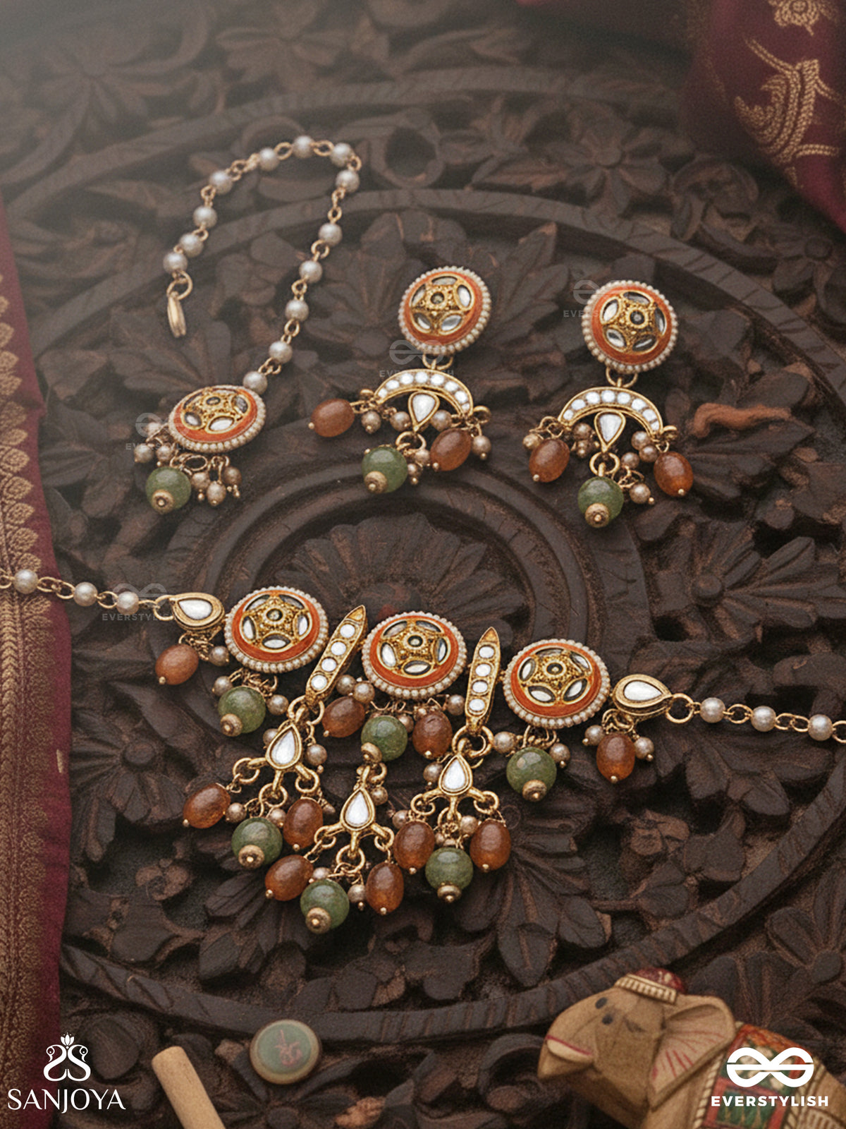 Ragtanika - Colored Composition- Heritage Style Kundan Set With Neckpiece, Earrings And Maangtika