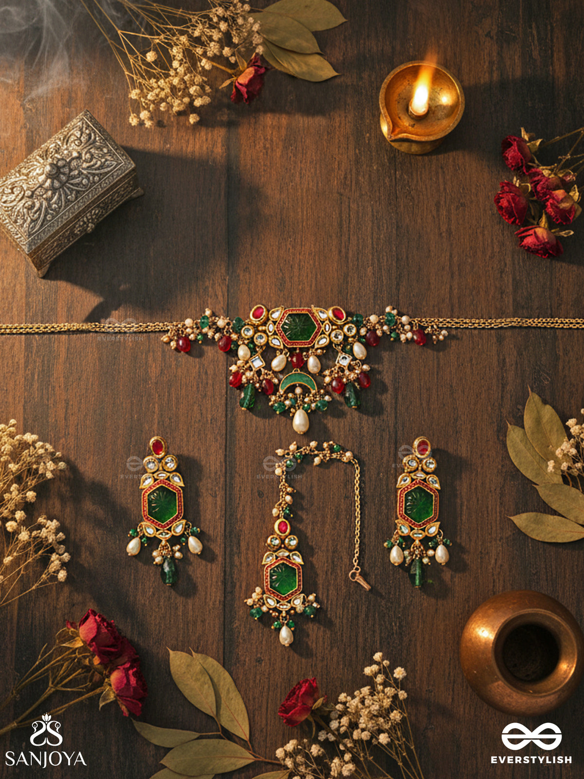 Hararasa - Essence Of Green- Handcrafted Kundanset With Choker Neckpiece, Earrings And Maangtika