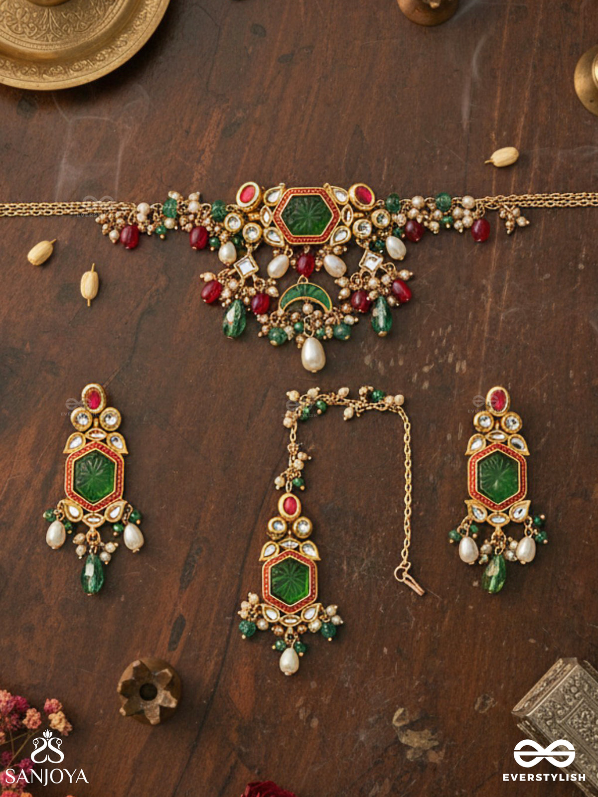 Hararasa - Essence Of Green- Handcrafted Kundanset With Choker Neckpiece, Earrings And Maangtika