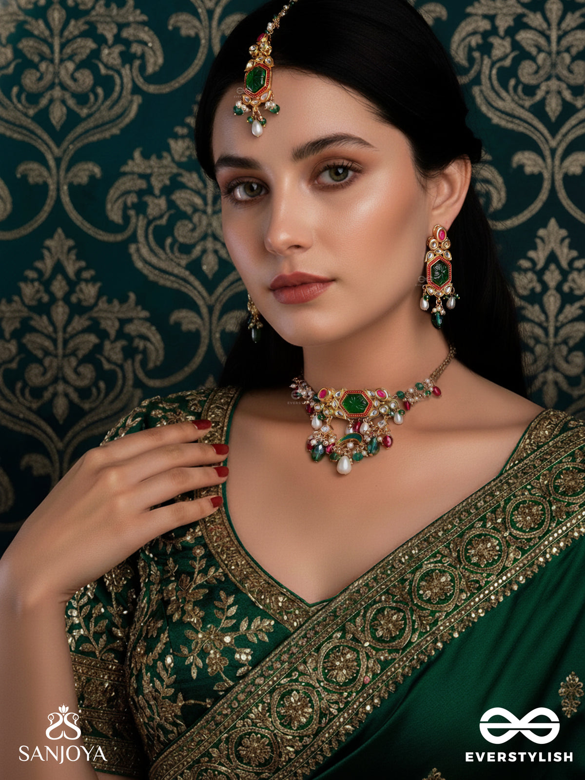 Hararasa - Essence Of Green- Handcrafted Kundanset With Choker Neckpiece, Earrings And Maangtika