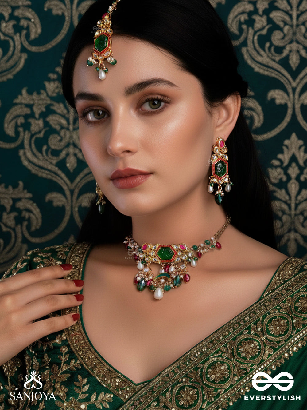 Hararasa - Essence Of Green- Handcrafted Kundanset With Choker Neckpiece, Earrings And Maangtika