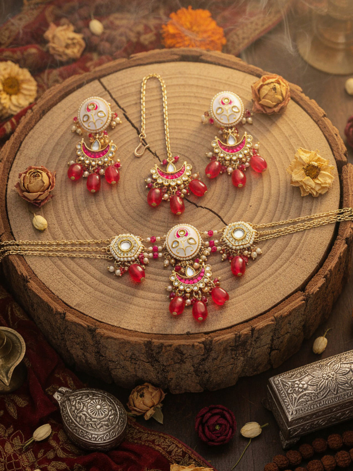 Kamalangi - Lotus-Bodied - Floral Enamelled Kundan Set With Neckpiece, Earrings And Maangtika
