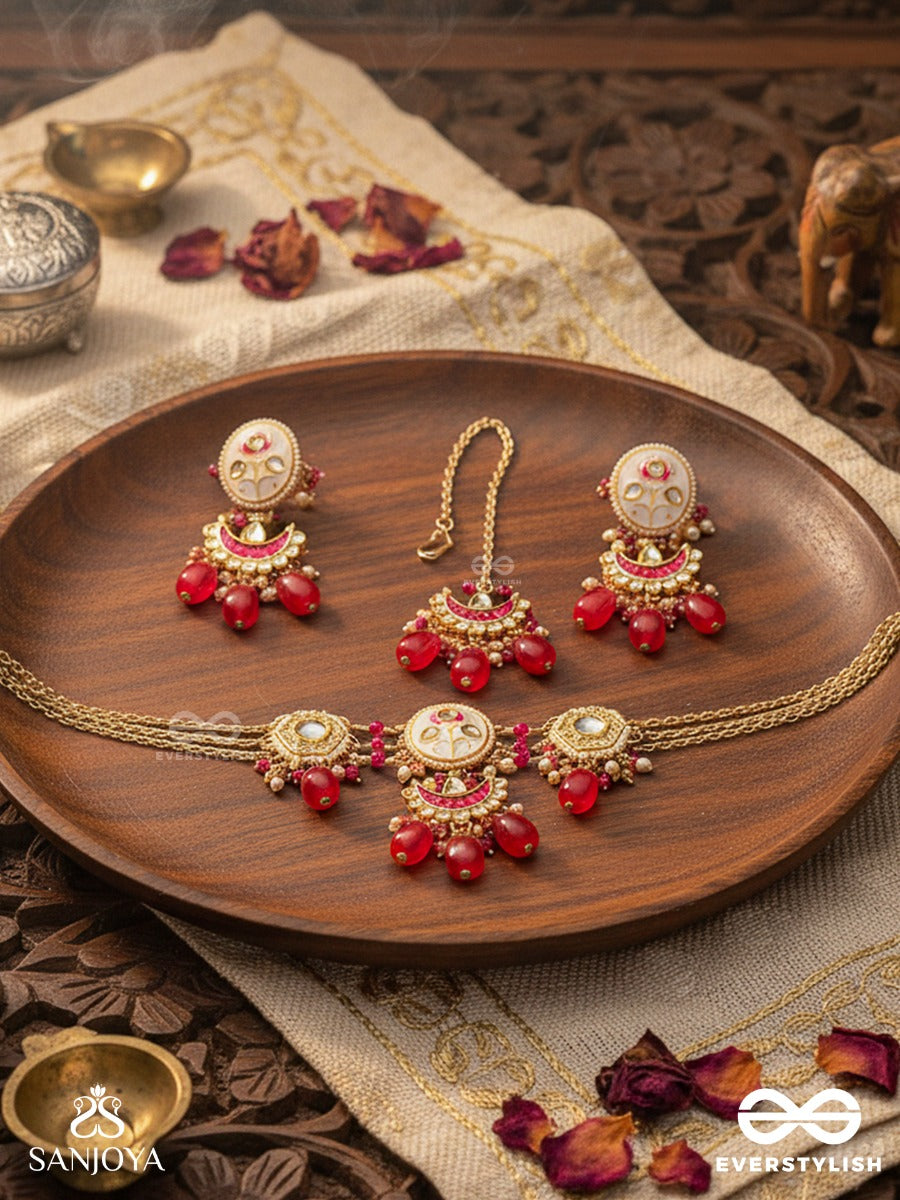 Kamalangi - Lotus-Bodied - Floral Enamelled Kundan Set With Neckpiece, Earrings And Maangtika