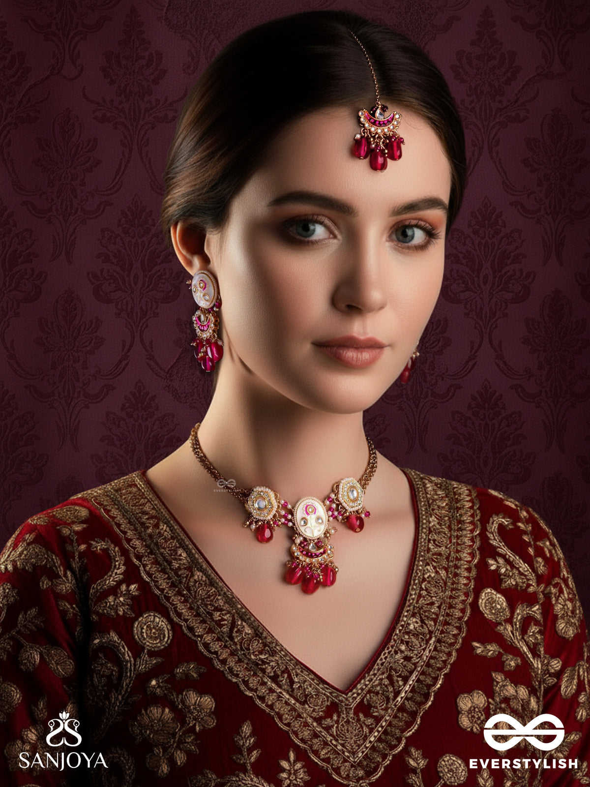 Kamalangi - Lotus-Bodied - Floral Enamelled Kundan Set With Neckpiece, Earrings And Maangtika