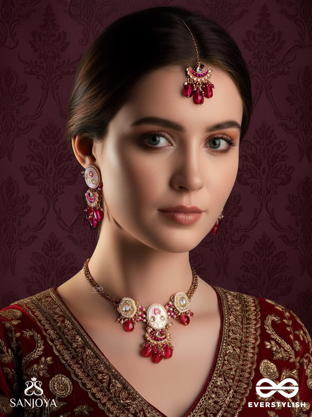Kamalangi - Lotus-Bodied - Floral Enamelled Kundan Set With Neckpiece, Earrings And Maangtika