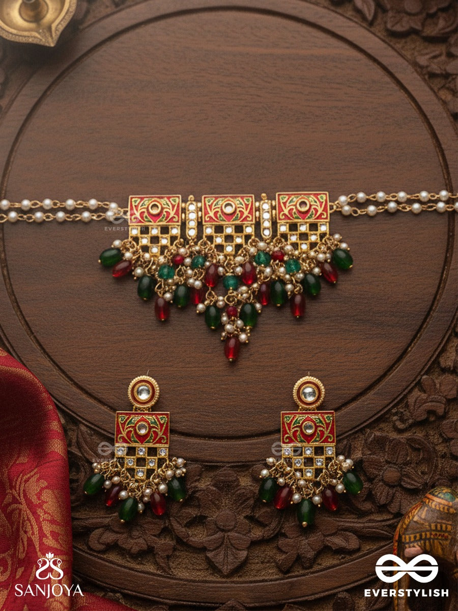 Shubhadra - Auspicious Beauty- Geometric Kundan Enamelled Set With Neckpiece And Earrings