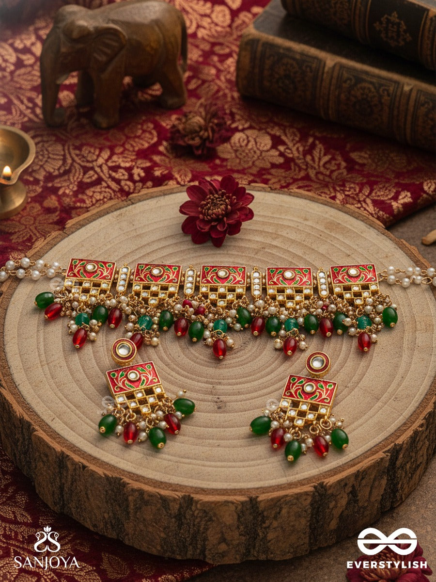 Shubhadra - Auspicious Beauty- Geometric Kundan Enamelled Set With Neckpiece And Earrings