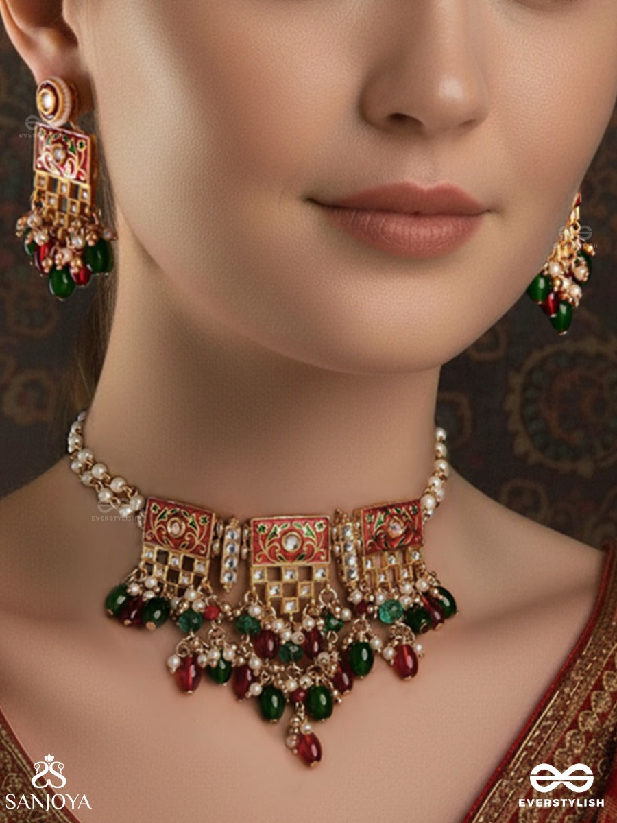 Shubhadra - Auspicious Beauty- Geometric Kundan Enamelled Set With Neckpiece And Earrings