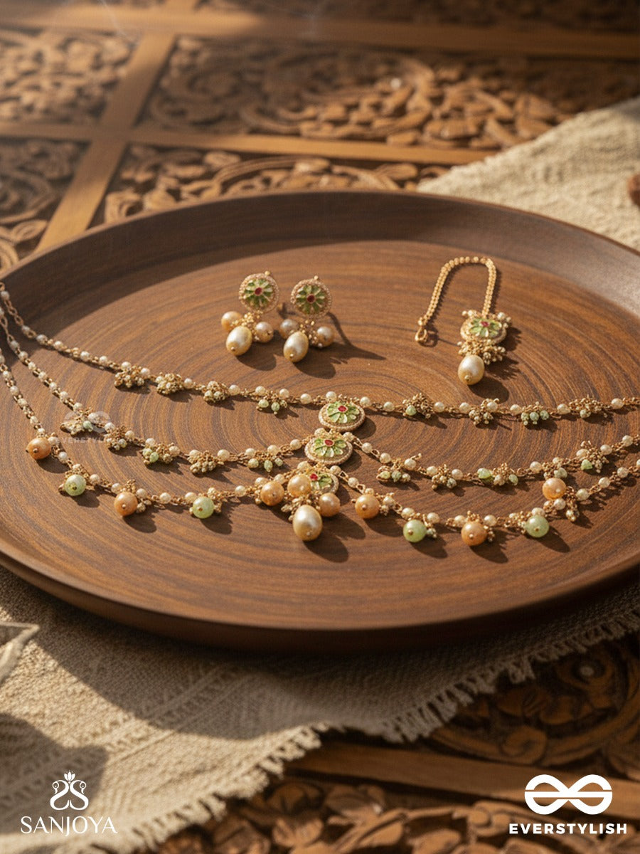 Tanvika - Delicate Beauty- Delicate Enamelled Kundan Set With Neckpiece, Earrings And Maangtika