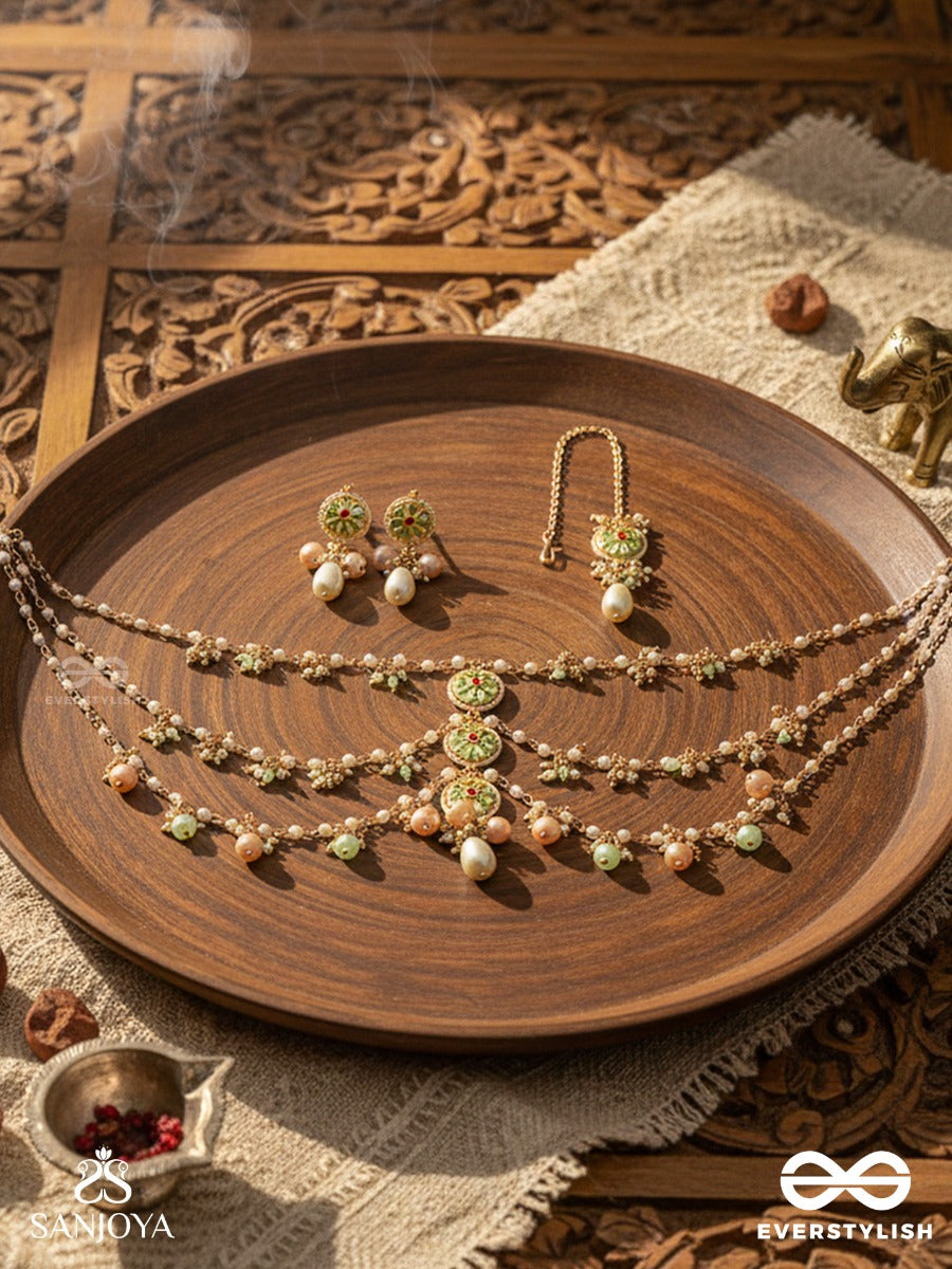 Tanvika - Delicate Beauty- Delicate Enamelled Kundan Set With Neckpiece, Earrings And Maangtika