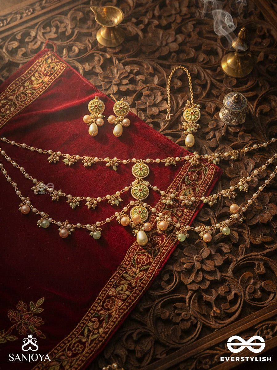 Tanvika - Delicate Beauty- Delicate Enamelled Kundan Set With Neckpiece, Earrings And Maangtika