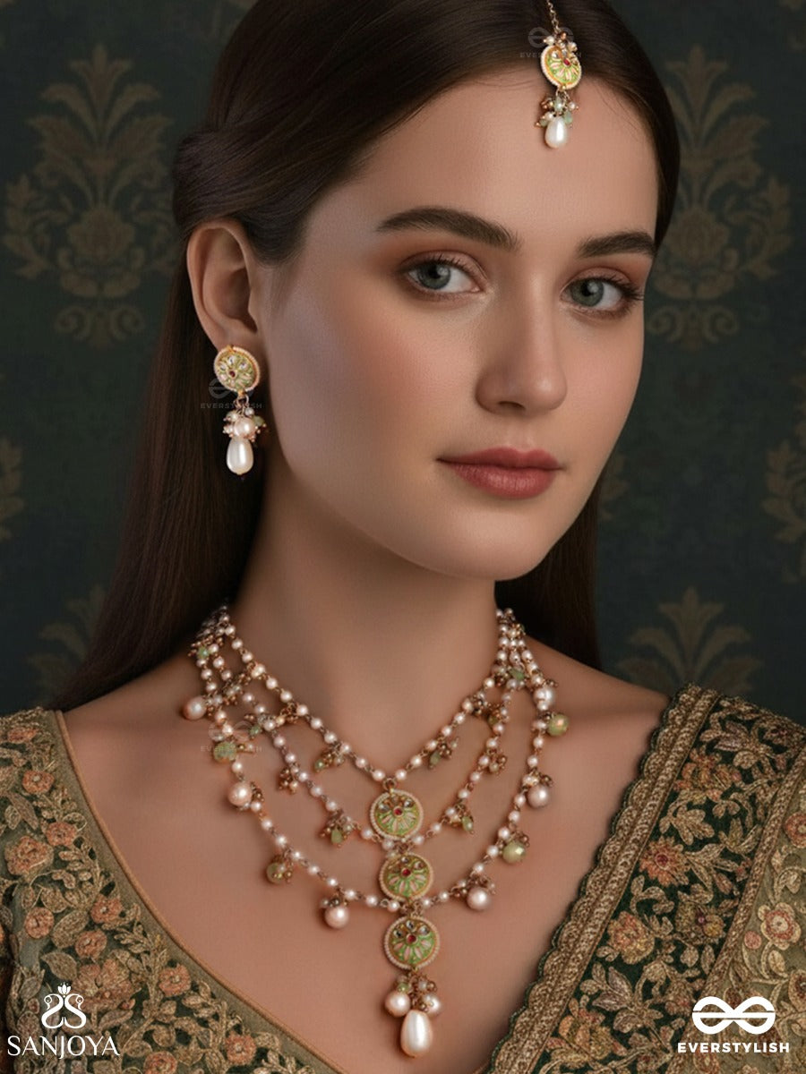 Tanvika - Delicate Beauty- Delicate Enamelled Kundan Set With Neckpiece, Earrings And Maangtika