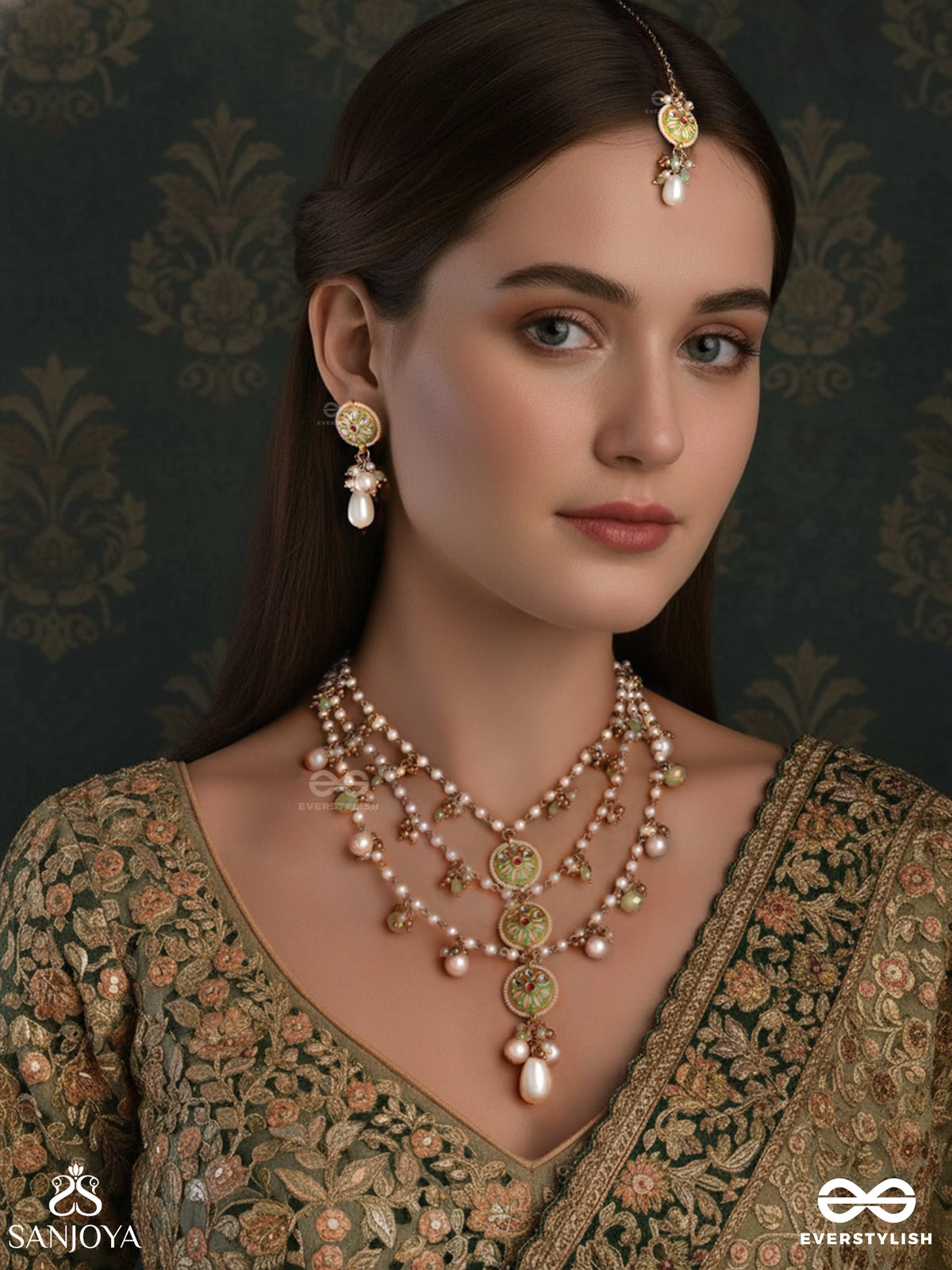 Tanvika - Delicate Beauty- Delicate Enamelled Kundan Set With Neckpiece, Earrings And Maangtika