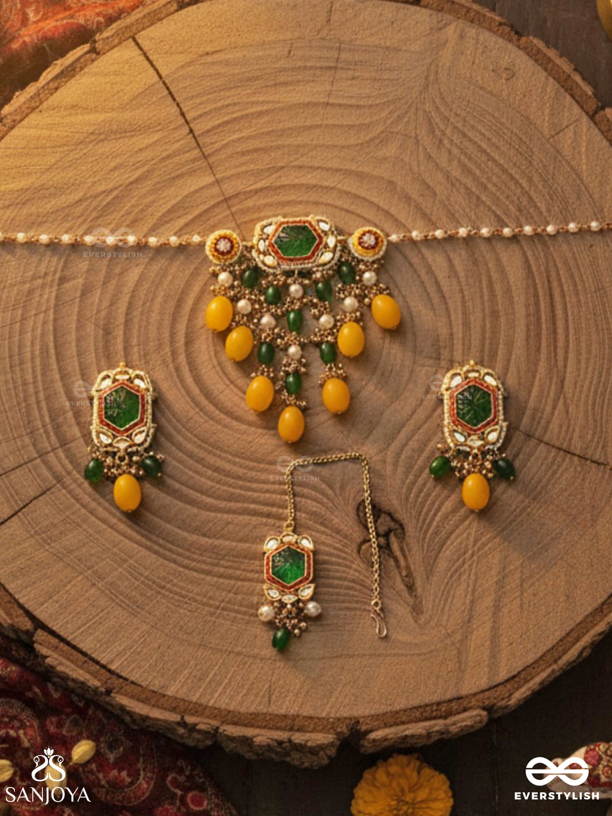 Pitambrini - Adorned In Yellow - Kundan Handcrafted Set With Neckpiece, Earrings And Maangtika