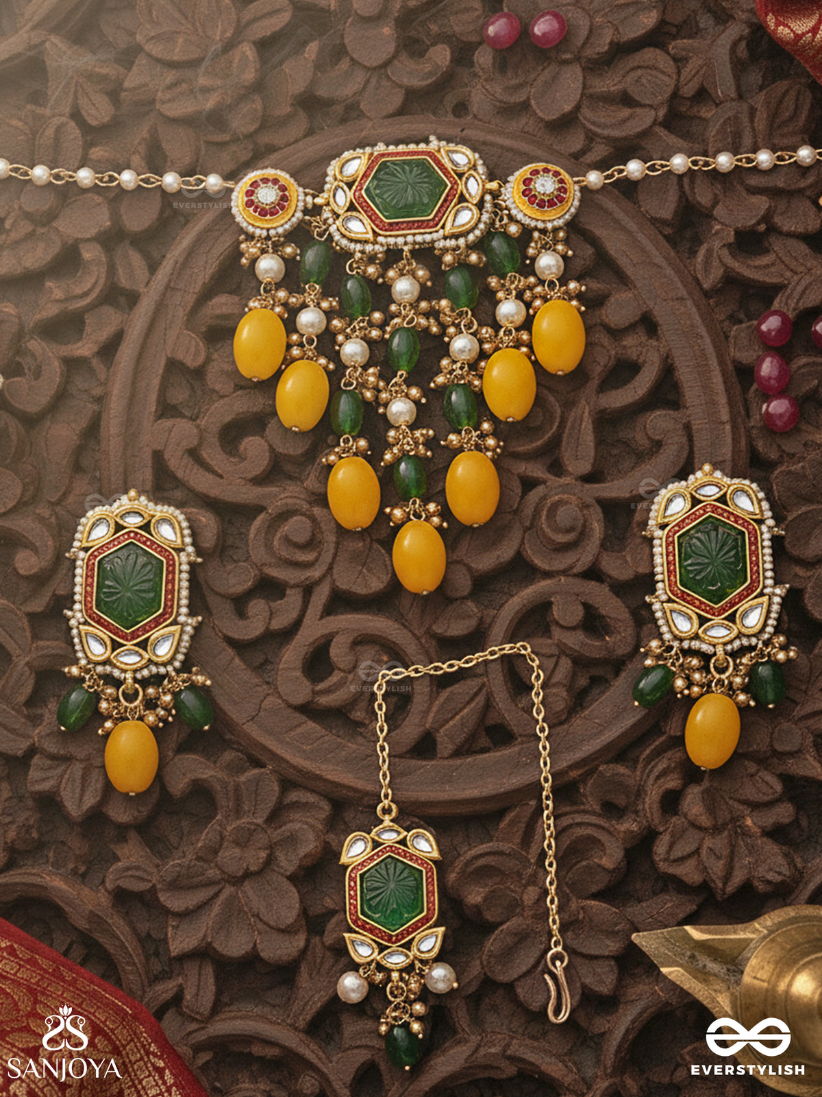 Pitambrini - Adorned In Yellow - Kundan Handcrafted Set With Neckpiece, Earrings And Maangtika
