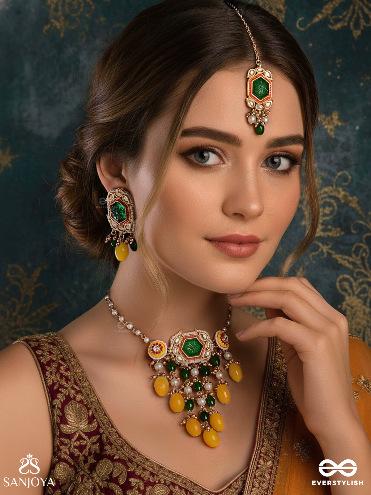 Pitambrini - Adorned In Yellow - Kundan Handcrafted Set With Neckpiece, Earrings And Maangtika
