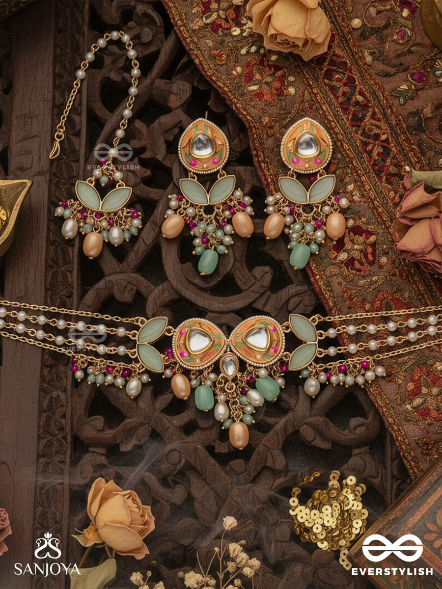 Vasantilata - Spring Vine - Charming Pastel Kundan Set With Neckpiece, Earrings And Maangtika