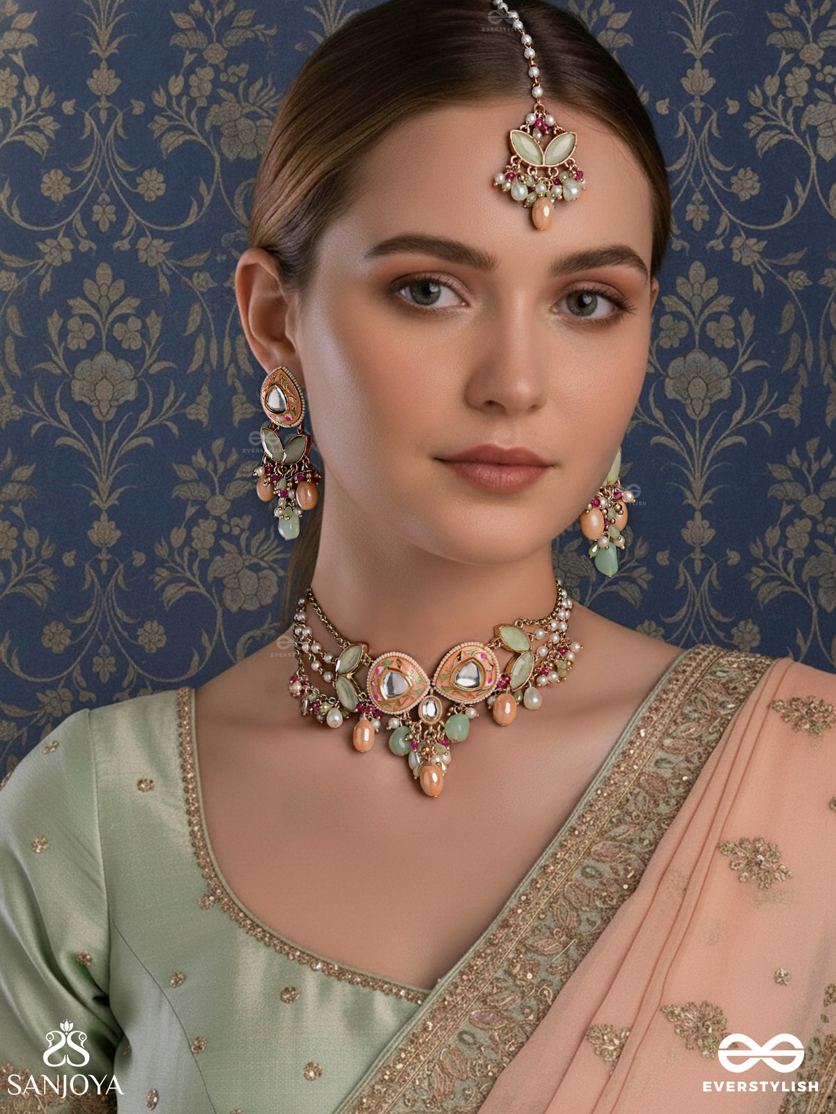 Vasantilata - Spring Vine - Charming Pastel Kundan Set With Neckpiece, Earrings And Maangtika