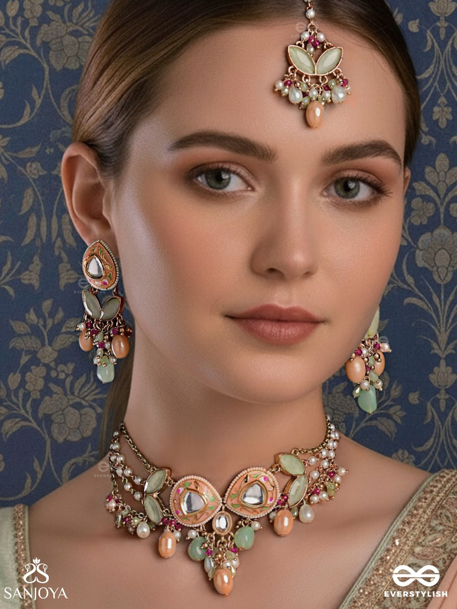 Vasantilata - Spring Vine - Charming Pastel Kundan Set With Neckpiece, Earrings And Maangtika