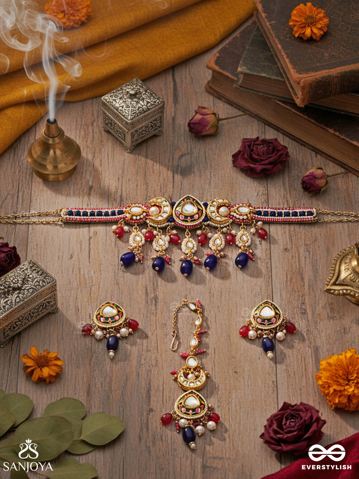 Kumudraag - Blooming At Night - Intricate Enamelled Set With Neckpiece, Earrings And Maangtika