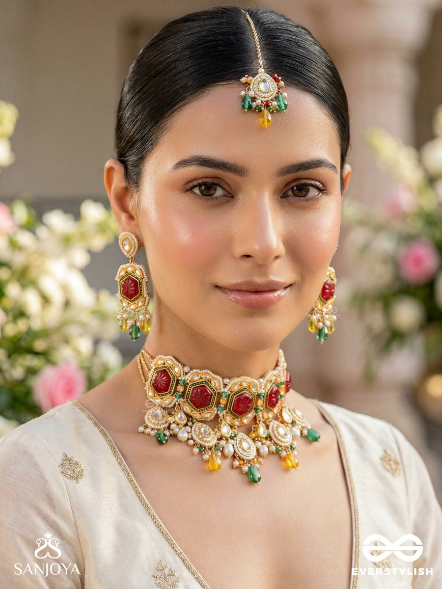 Suryaprabha - Sun's Aura- Luxe Heritage Kundan Set With Neckpiece, Earrings ,Maangtika And Ring