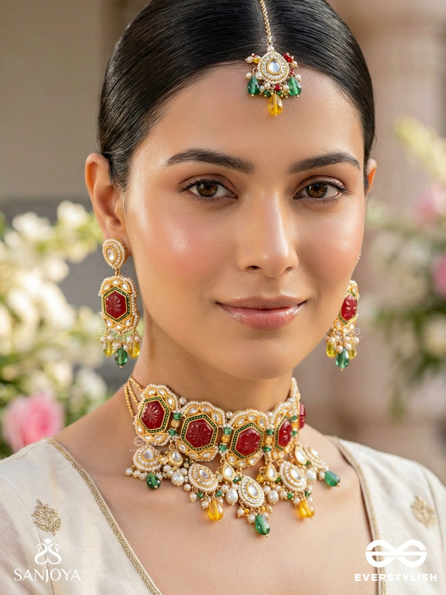 Suryaprabha - Sun's Aura- Luxe Heritage Kundan Set With Neckpiece, Earrings ,Maangtika And Ring