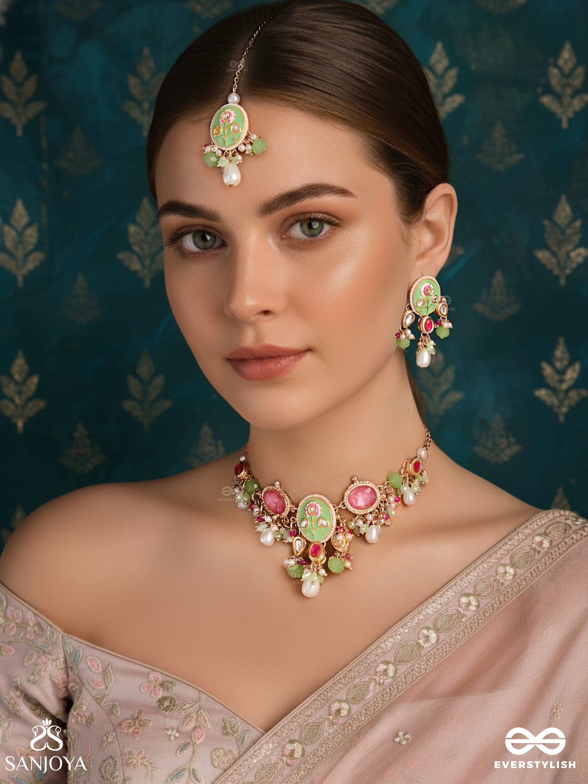 Karunya - Graceful Aura - Intricate Kundan Enamelled Set With Neckpiece, Earrings And Maangtika
