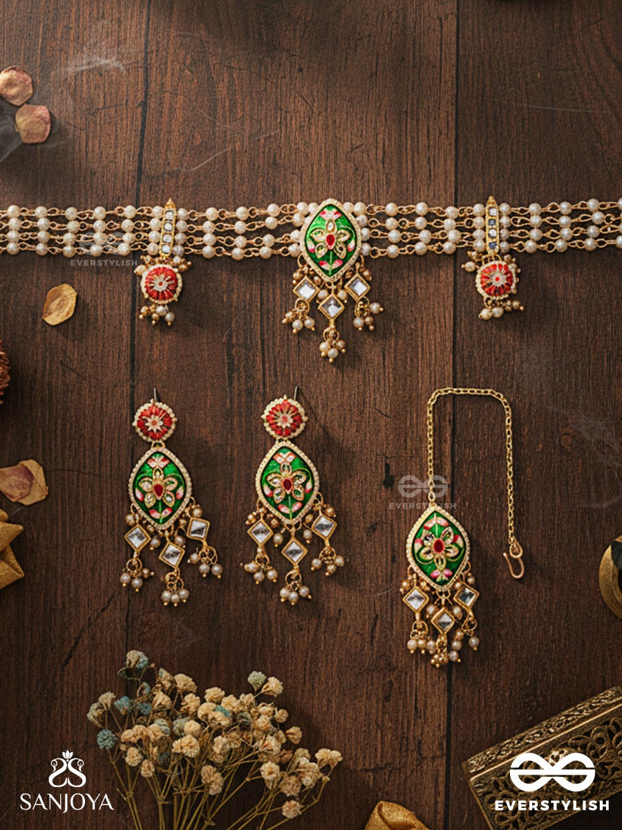 Shringarika - The Adorned One- Elegant Kundan Set With Neckpiece, Earrings And Maangtika