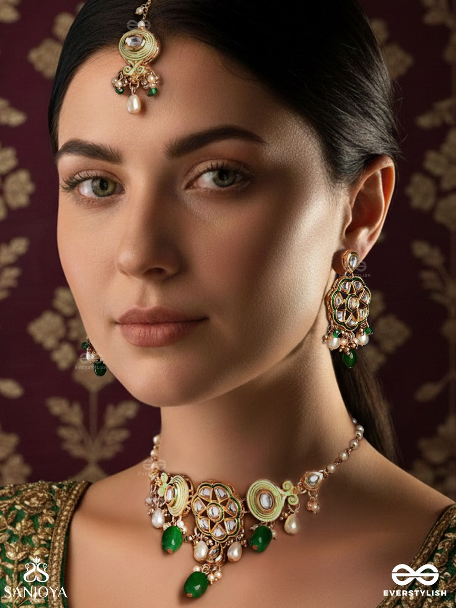 Taralya - Gentle Radiance - Minimal Kundan Set With Neckpiece, Earrings And Maangtika