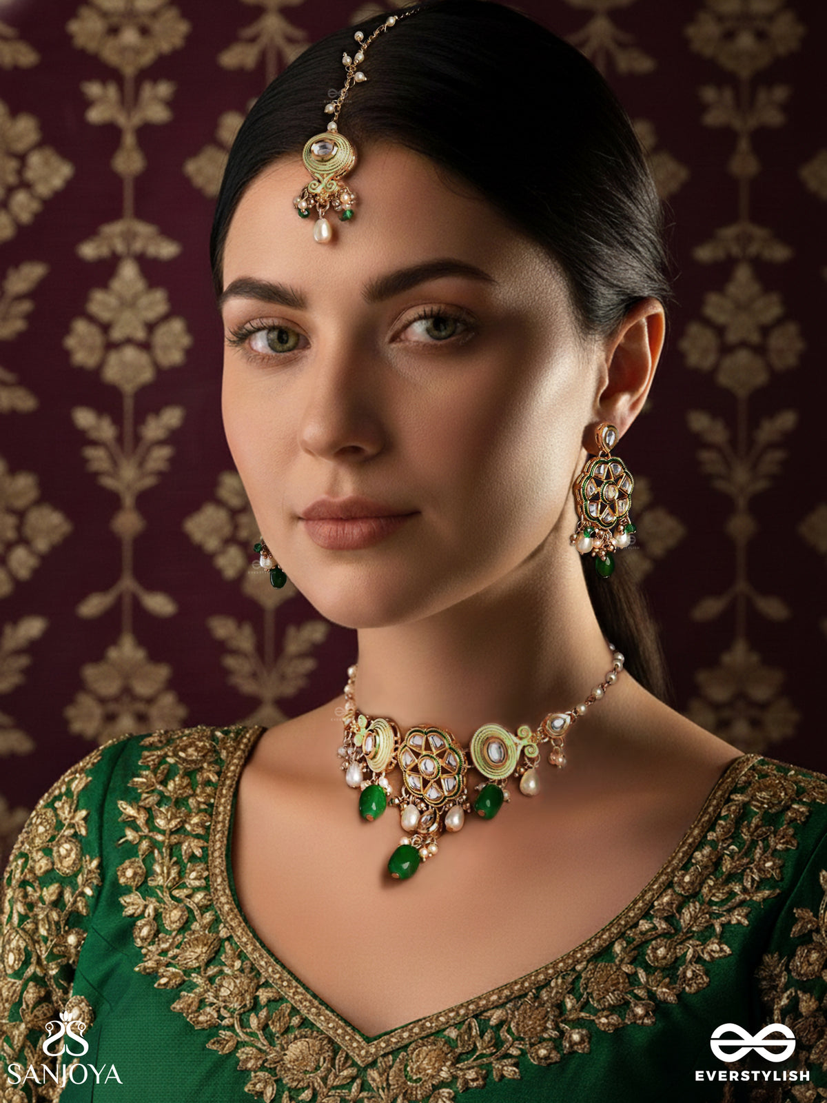 Taralya - Gentle Radiance - Minimal Kundan Set With Neckpiece, Earrings And Maangtika