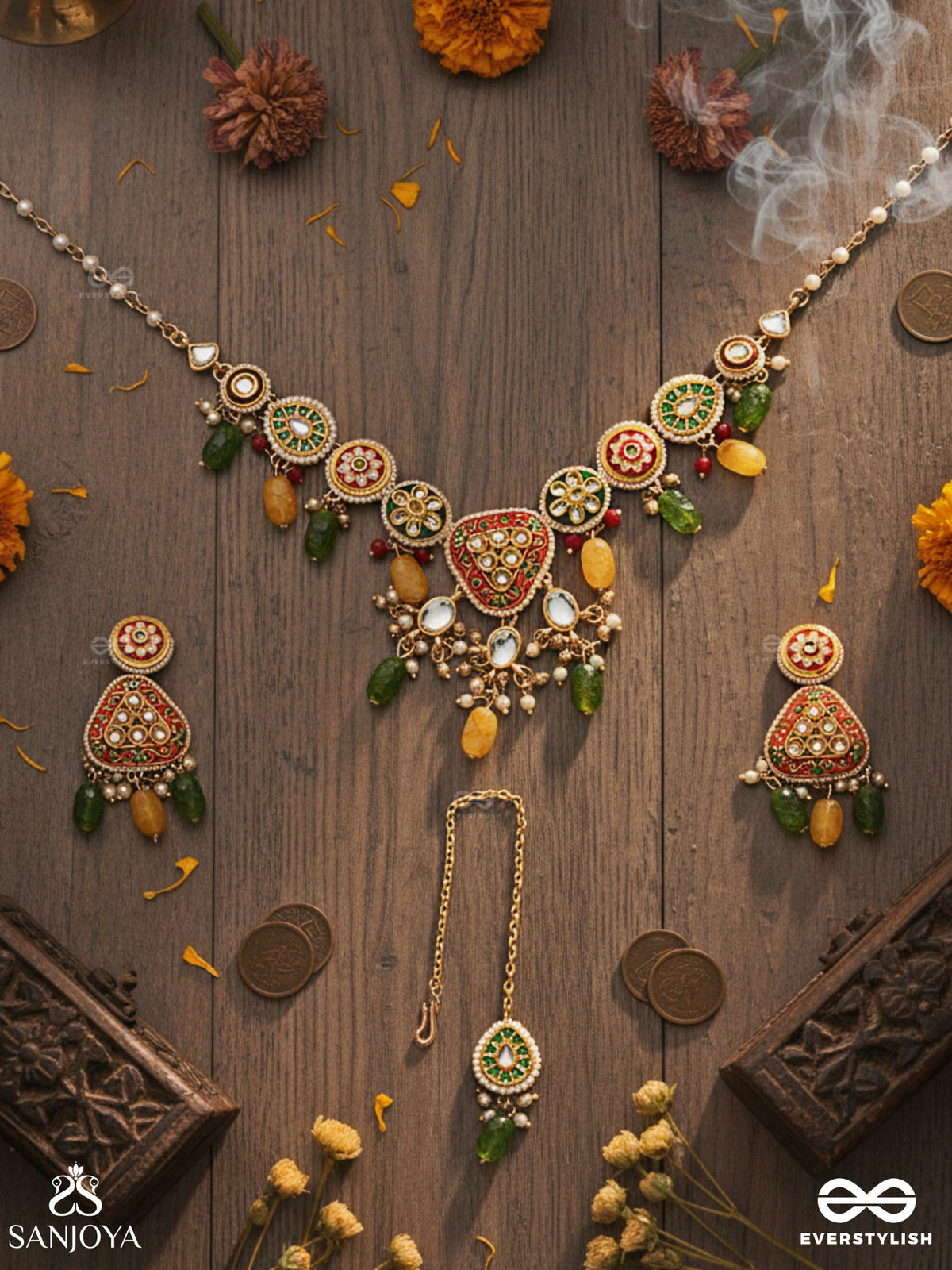 Satrangija - Rainbow-Clad- Festive Enamelled Kundan Set With Neckpiece, Earrings And Maangtika