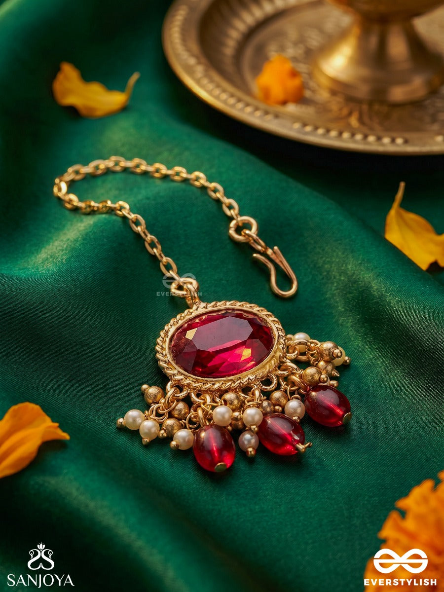Sindurini - Vermilion Grace - Statement Kundan Polki Maangtika With Red Gemstones And Enamel Accents