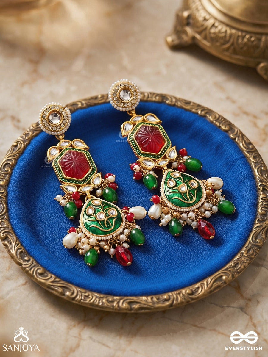 Chitralekha Ratnika - Artistic Gem - Detailed Floral Kundan Earrings With Multi-Color Drops.