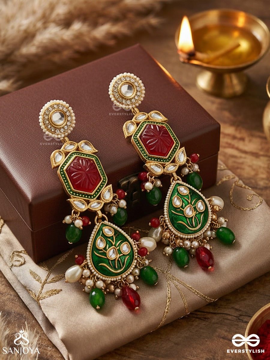 Chitralekha Ratnika - Artistic Gem - Detailed Floral Kundan Earrings With Multi-Color Drops.