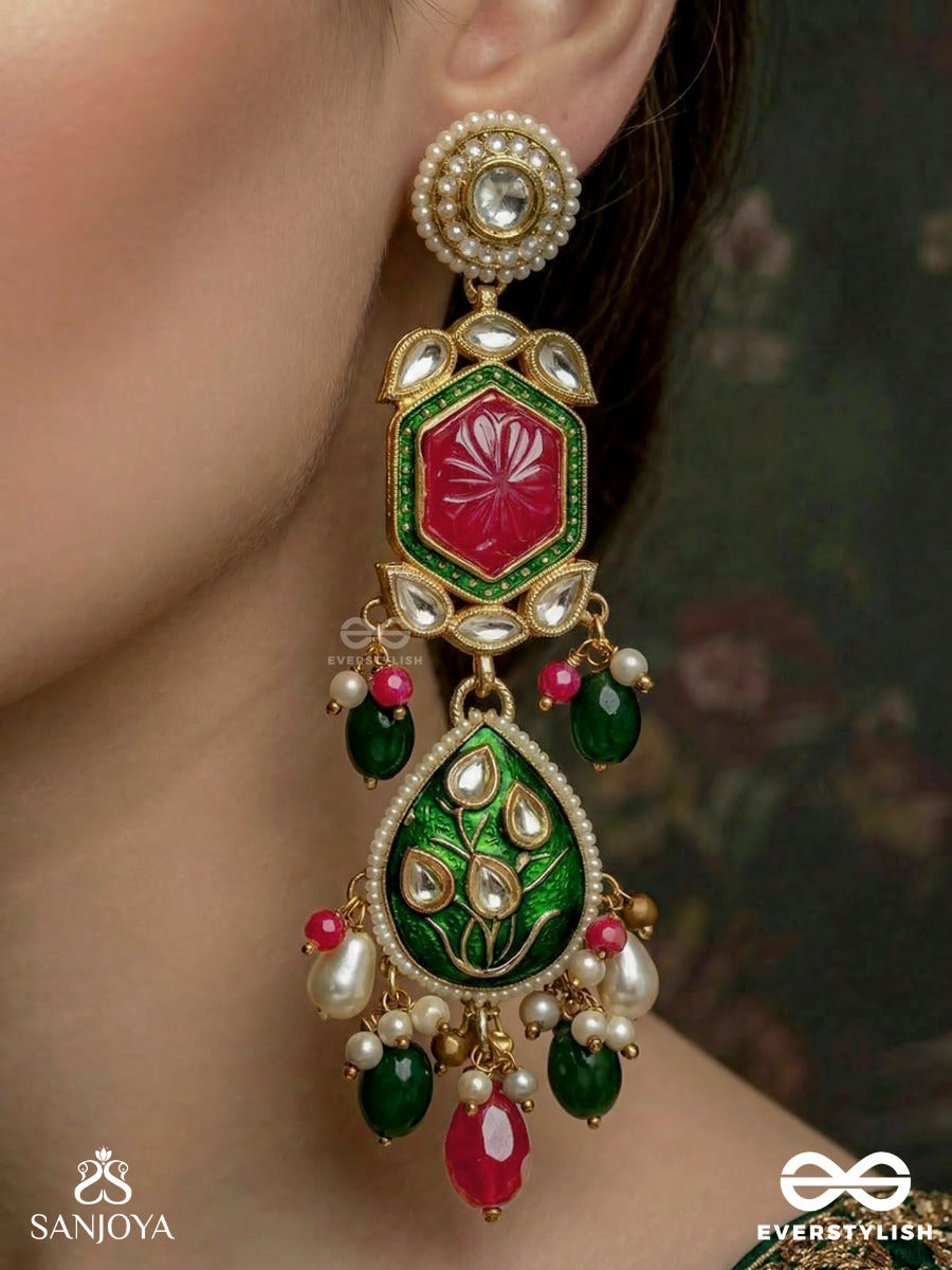 Chitralekha Ratnika - Artistic Gem - Detailed Floral Kundan Earrings With Multi-Color Drops.
