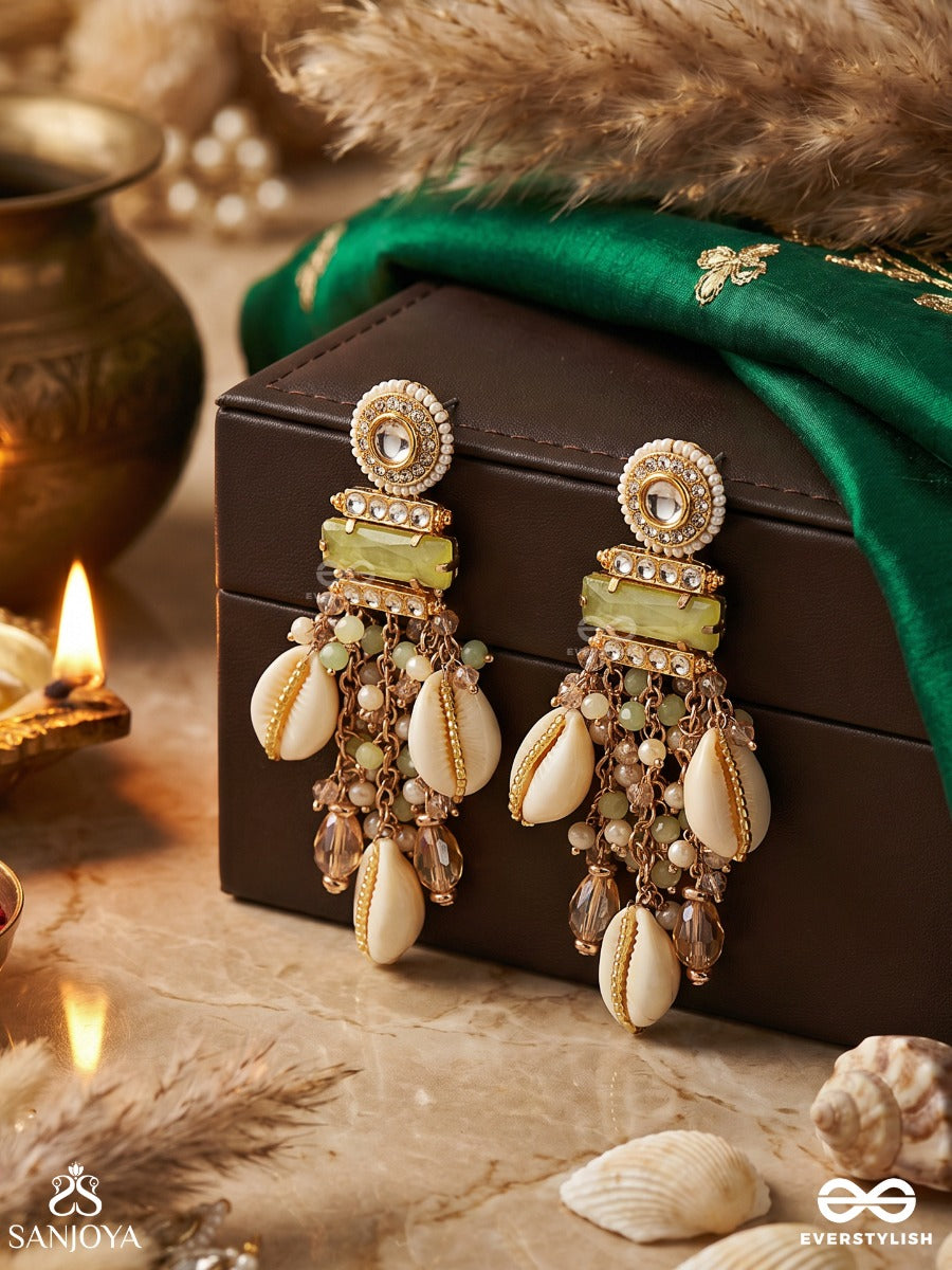 Shaankh Sundari - Conch-Like Beauty - Kundan Pastel Earrings With Pearls, Shells And Gemstones