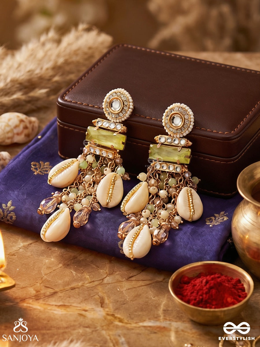 Shaankh Sundari - Conch-Like Beauty - Kundan Pastel Earrings With Pearls, Shells And Gemstones