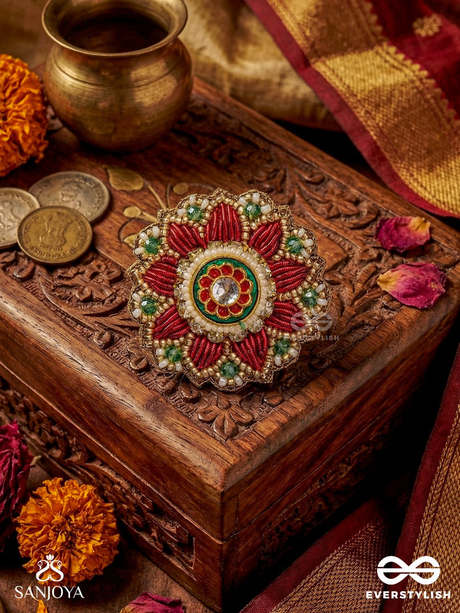 Sindoori Shobha - Vermilion Splendor - Handmade Ring With Kundan Centerpiece And Colorful Petals