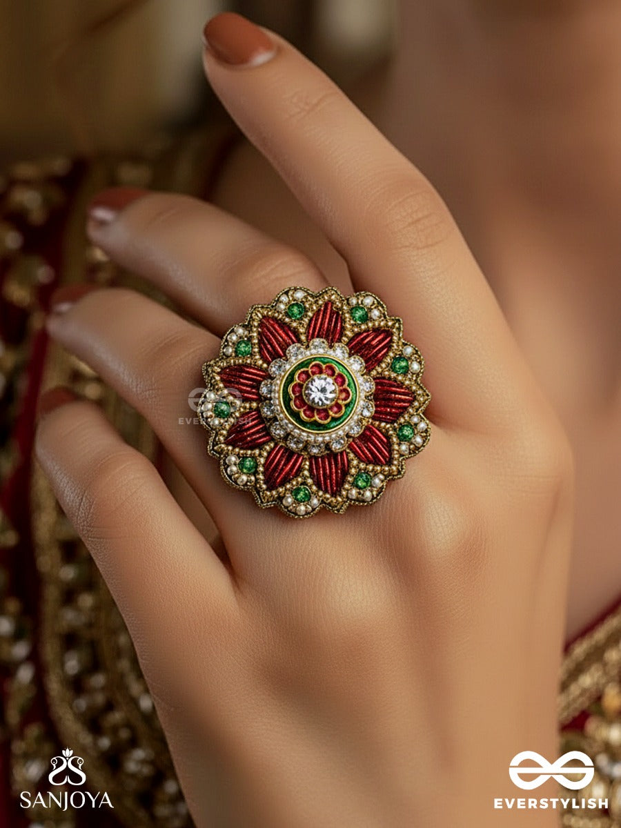 Sindoori Shobha - Vermilion Splendor - Handmade Ring With Kundan Centerpiece And Colorful Petals